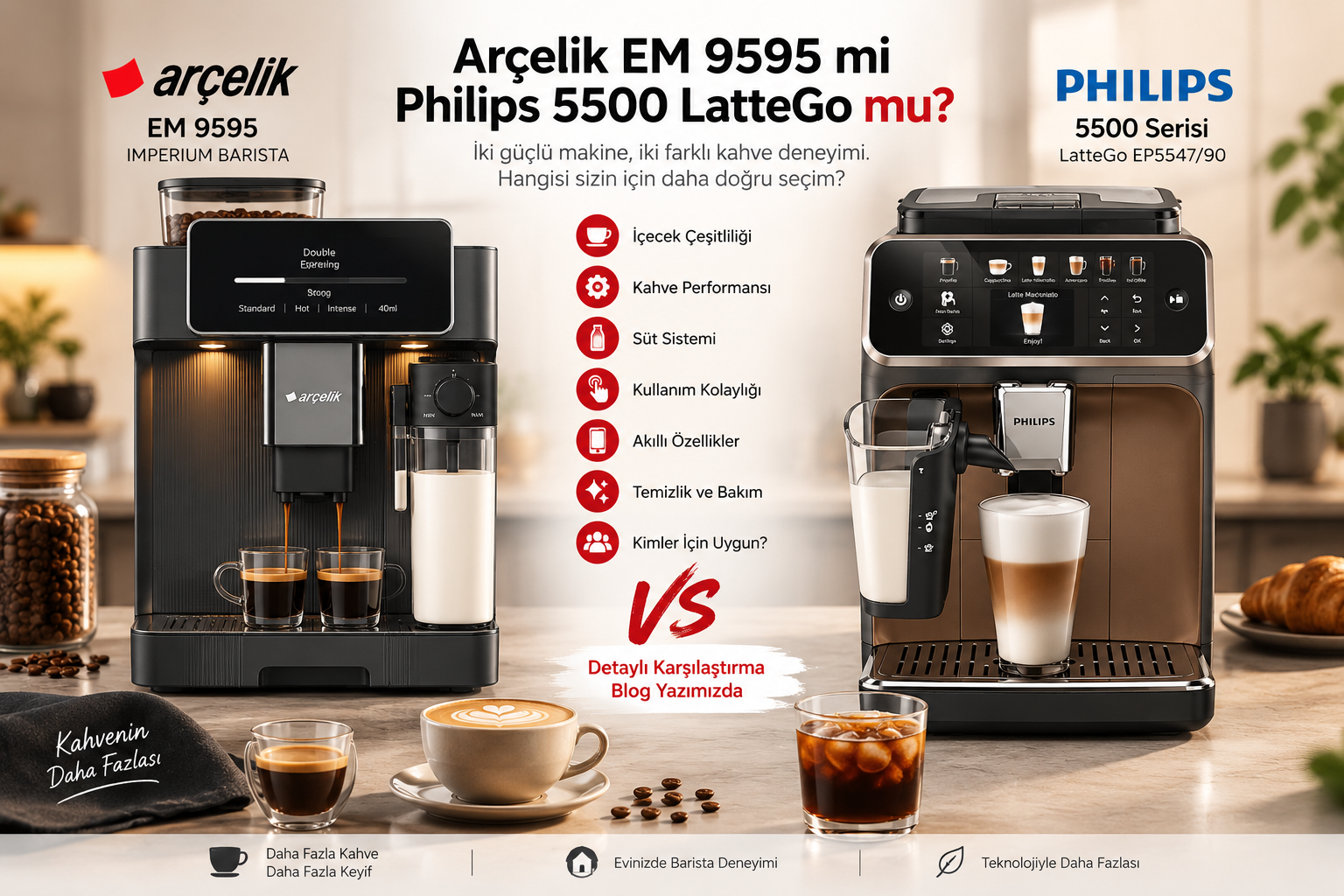 Teknik Özellikler: İki Makinenin Gerçek Farkı Ne? — Arçelik EM 9595 ve Philips 5500 LatteGo Arasında Doğru Seçim Nasıl Yapılır?